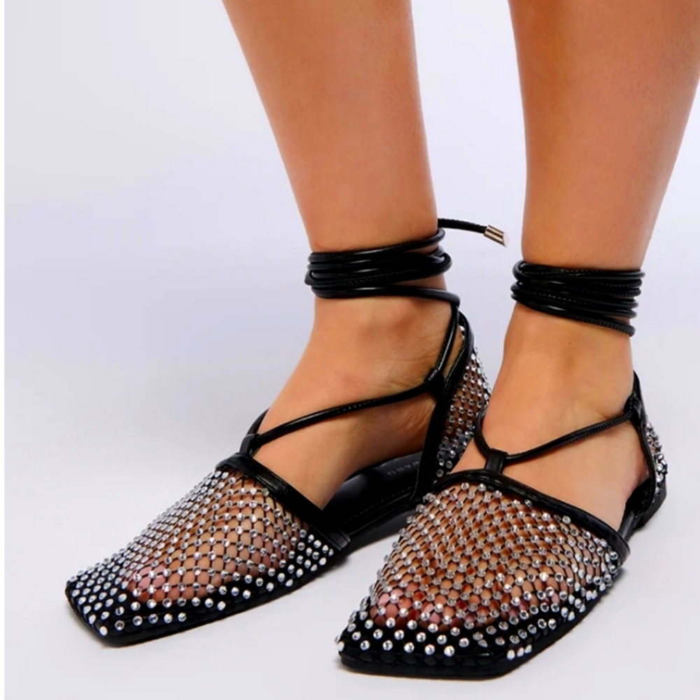 Trendy rhinestone mesh flat size 11